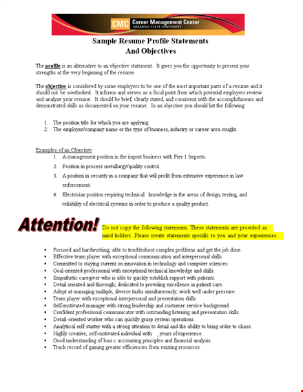example: "expert resume profile statements for job positions - highlighting skills and objectives template