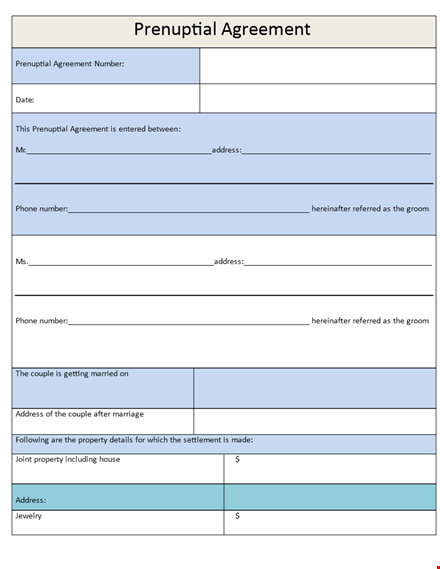 prenuptial agreement template - protect your property and address your finances with your groom template