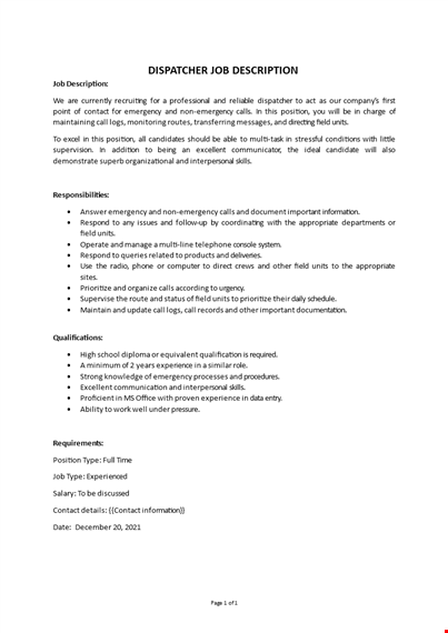 dispatcher job description template