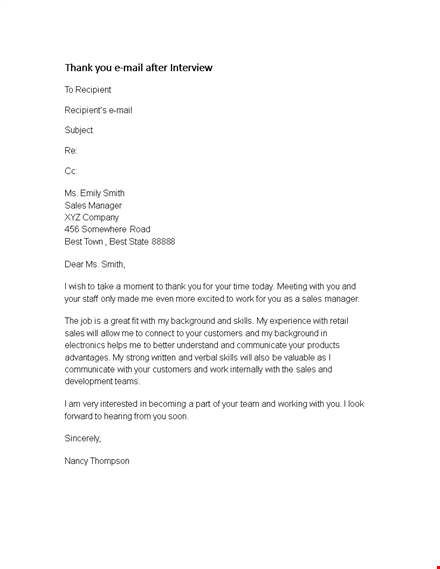 sales job interview: thank you email template for recipient smith template