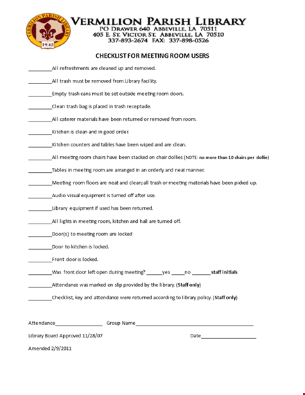 meeting room checklist template: essential meeting, library, and trash management template