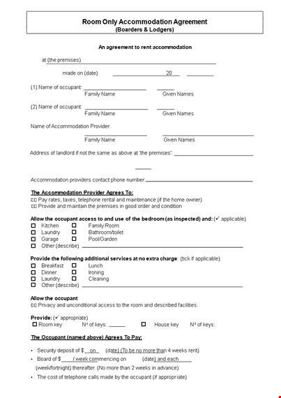 roommate agreement template | document for provider, premises, accommodation & occupant template