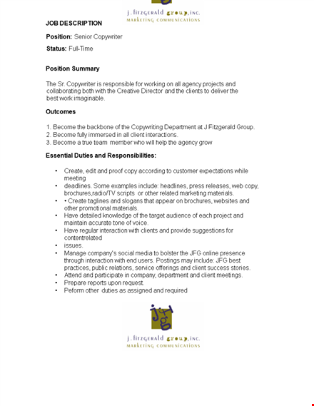 senior copywriter job description - experience, position, and required skills template