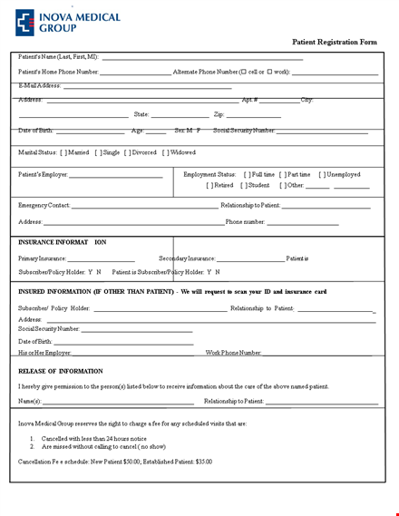 inova printable patient registration form | health information for patients template