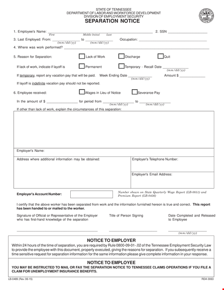 tennessee separation notice: essential employee-employer separation form template