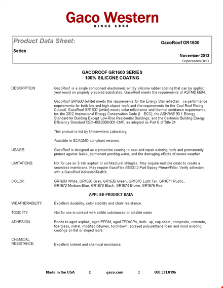 product data - gacoroof coats | comprehensive information for roof coatings template