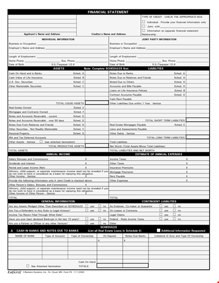 professional personal financial statement template - complete applicant and creditor information template