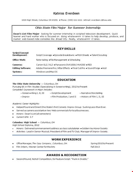 film industry intern resume template