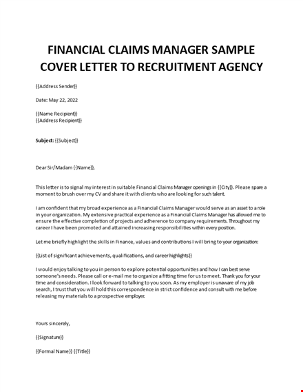 financial claims manager cover letter template
