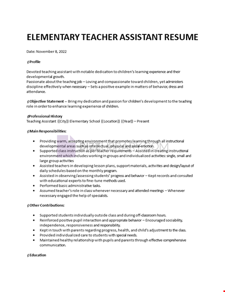 elementary teacher assistant resume template