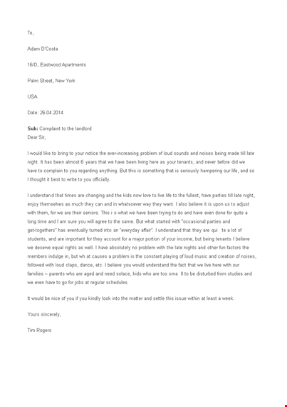 sample complaint letter to landlord template