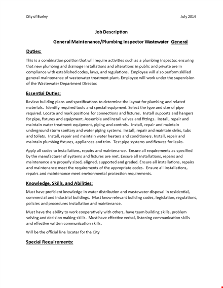 plumbing inspector job description - maintenance, plumbing installation | company name template