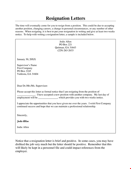 sample formal resignation letter template