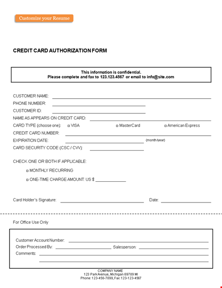 authorize credit card transactions with our form template - customer friendly template
