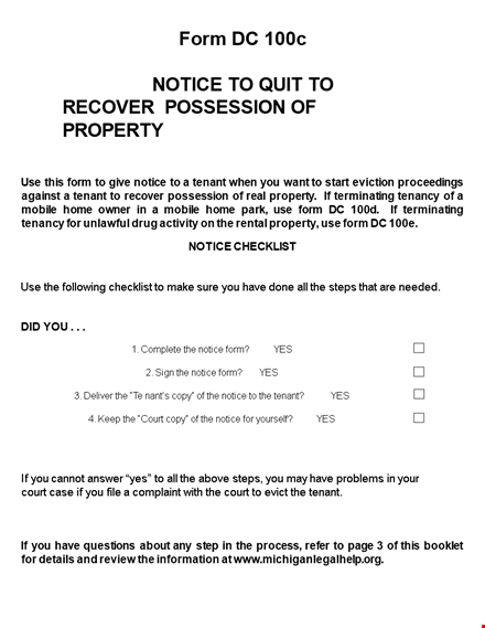 notice to quit property template - simplified process for possession. tenant-friendly template