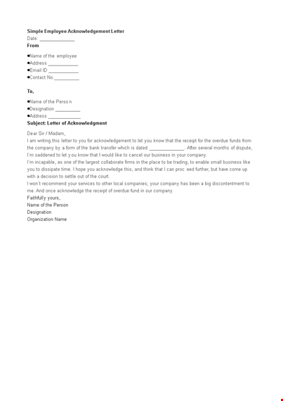 simple employee acknowledgement letter template template