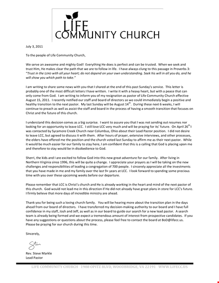 church resignation letter example template