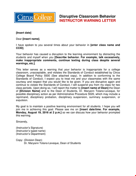 student conduct warning: addressing inappropriate behavior | instructor's guide template