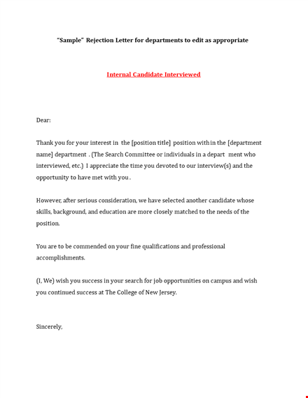 rejection letter for candidate - position search template