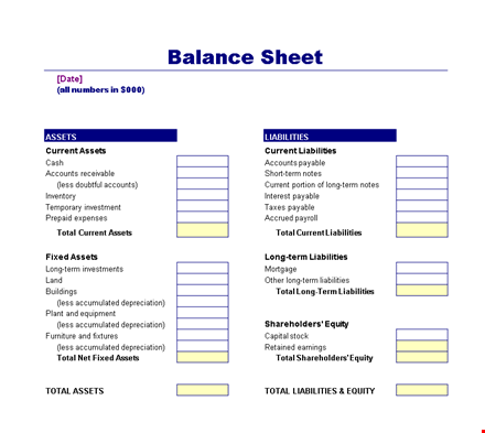 free business balance sheet template template