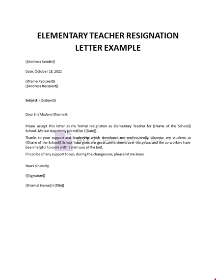 elementary teacher resignation letter example template