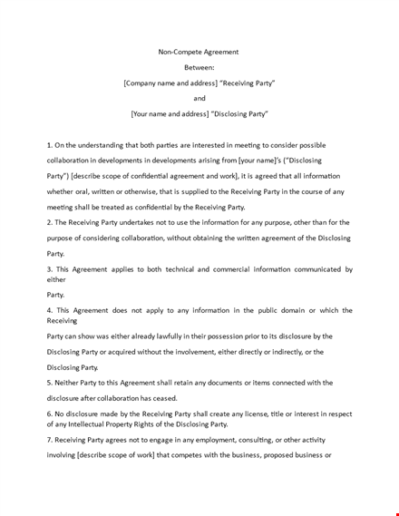 non compete agreement template - protecting parties involved in the agreement template