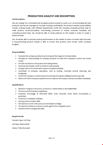 production analyst job description template