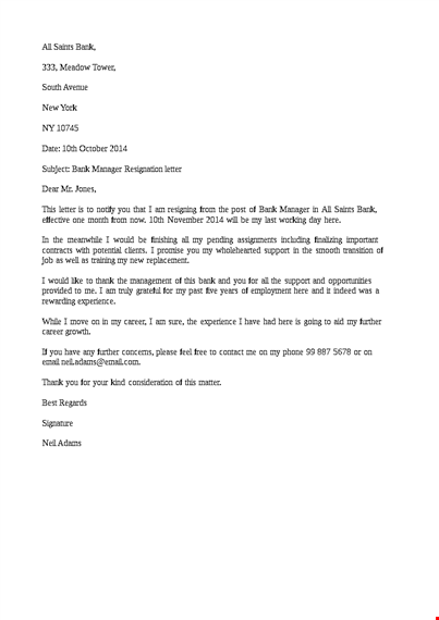 official bank manager resignation letter template