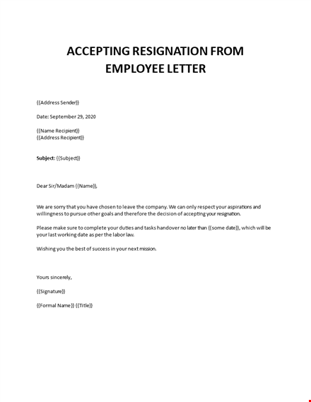 accepting resignation from employee letter template