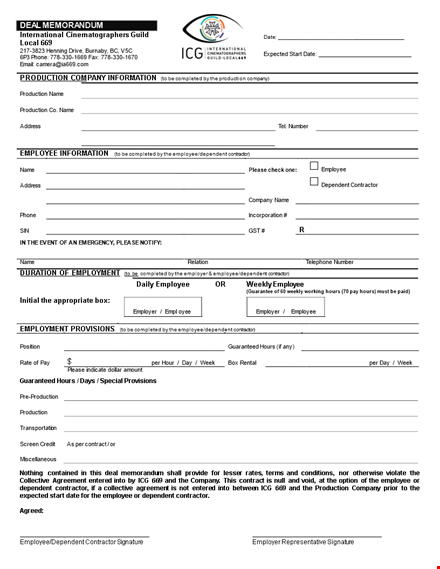 deal memo template for company: employee and contractor production, dependent template