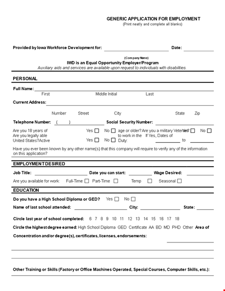 printable job application form for generic companies | easy application & employment process template