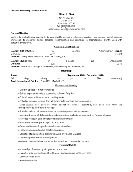 finance internship resume sample template