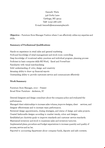 furniture store manager resume template
