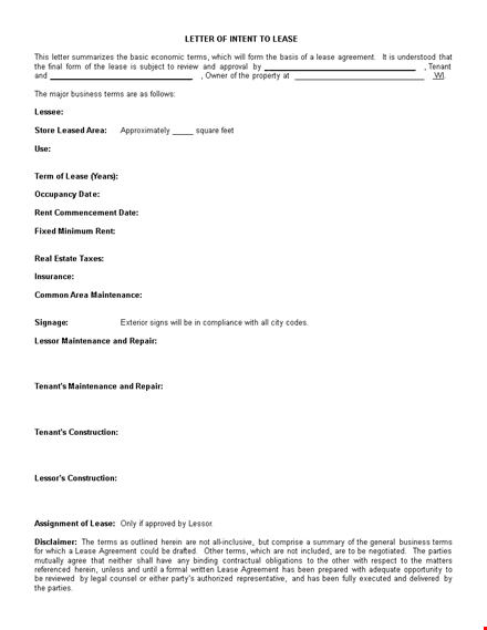 real estate lease letter of intent doc template