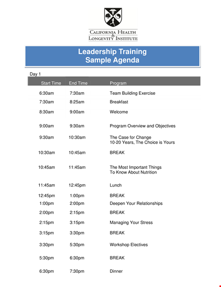 leadership training agenda - programs, breaks, and more template