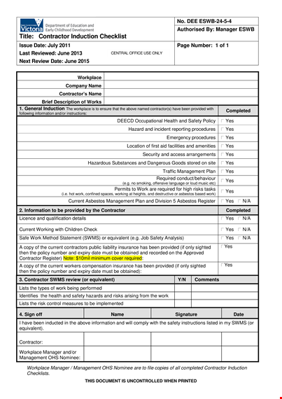 contractor induction checklist - ensure efficient onboarding of contractors template