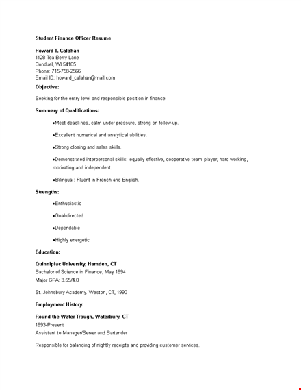 student finance officer resume template