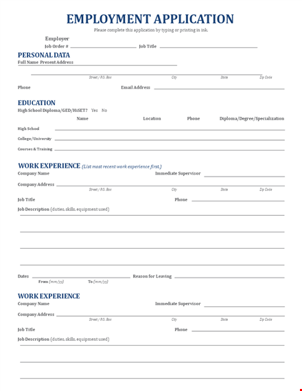fillable employment application - gain valuable work experience, apply for employment today! template