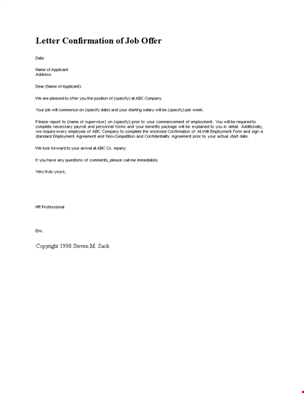 letter confirmation of job offer template