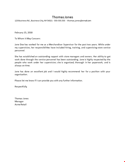 business recommendation letter template - jones' outstanding performance under thomas template