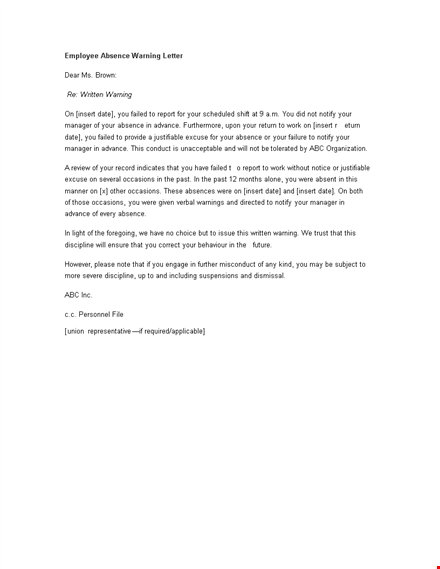 employee absence warning letter template | customizable and effective template