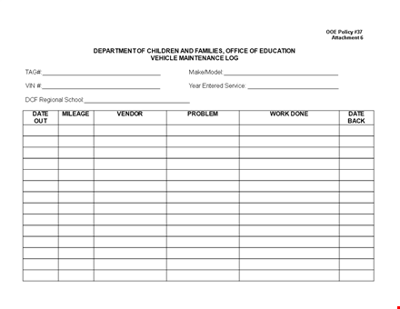 vehicle maintenance log template | policy, department, attachment template