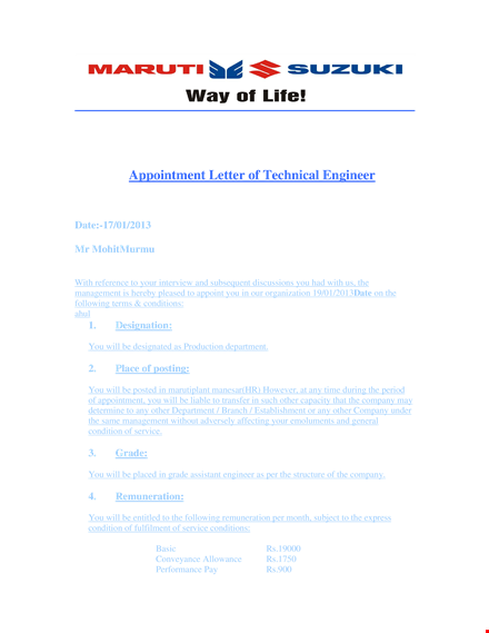 trainee engineer appointment letter example template