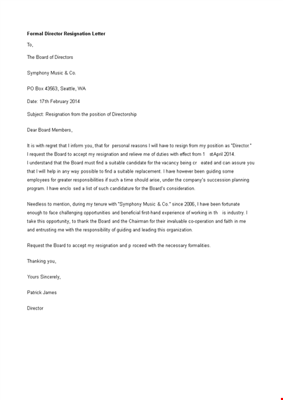 formal director resignation letter template