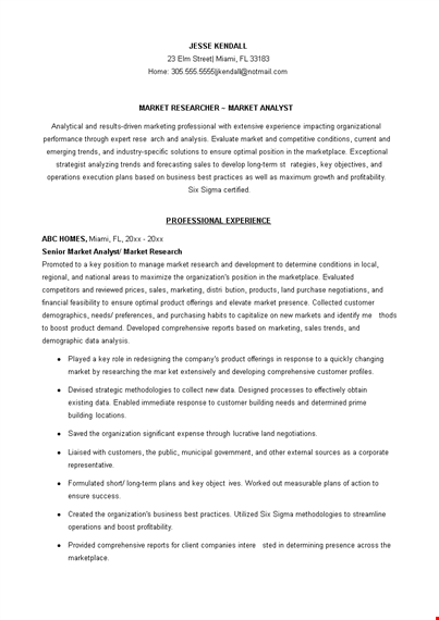 sample marketing researcher analyst resume template