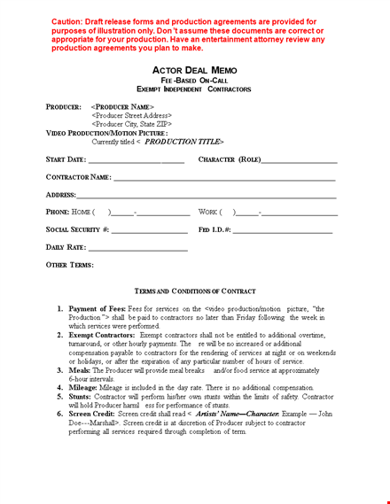 deal memo template for contractor services in production | producer's agreement template