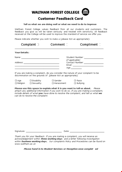comment card template for complaints, feedback, and more template