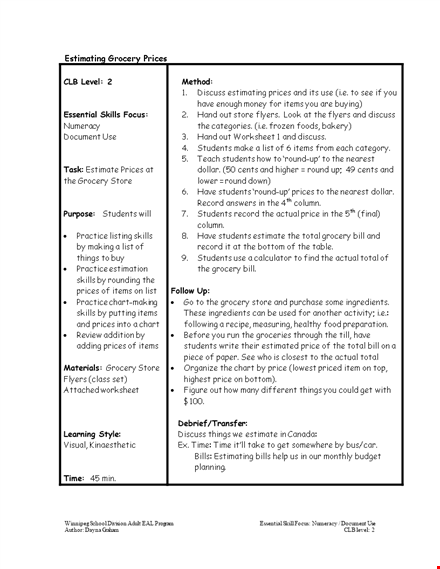 grocery price chart template