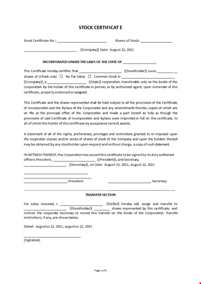 stock certificate template template