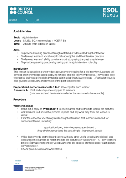 create an impressive job interview lesson plan for learners with this worksheet template